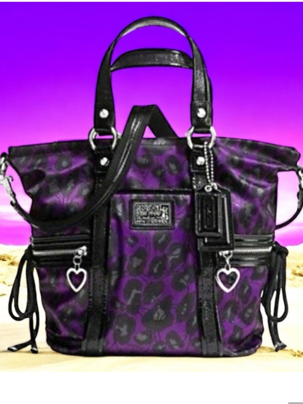 Coach Poppy Daisy Ocelot Convertible Shoulder Bag F20071 Purple Cheetah Print